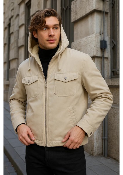 Erkek Içi Kürklü Kapşonlu Kışlık Krem Bol Ceket indirimleri