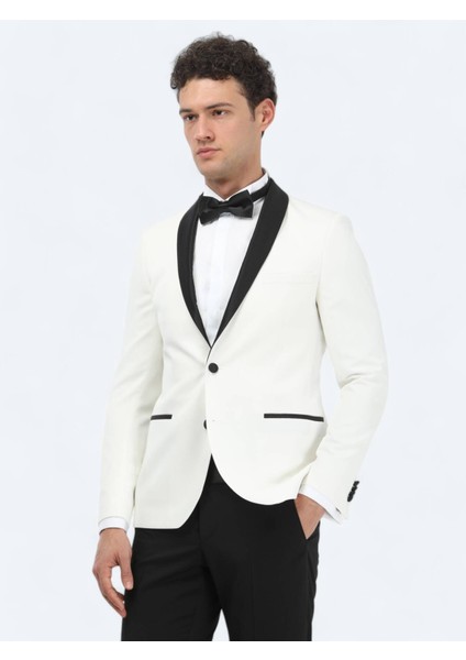 Ekru Düz Slim Fit Şal Yaka Dokuma Smokin Takım Elbise
