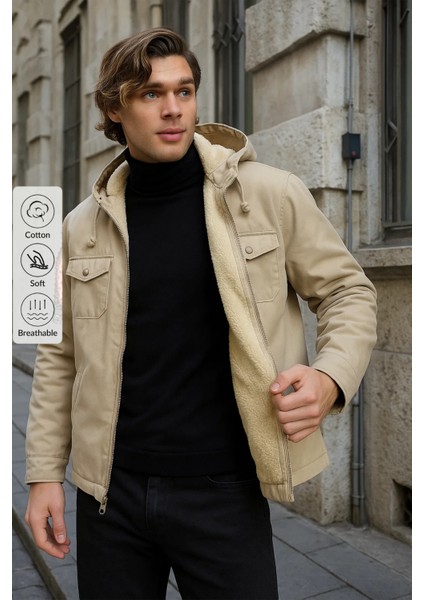 Erkek Içi Kürklü Kapşonlu Kışlık Krem Bol Ceket