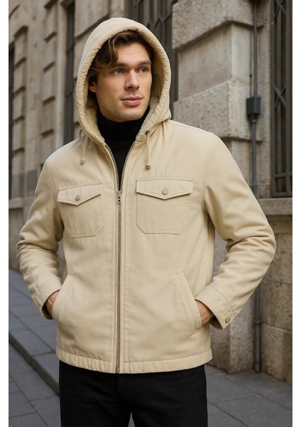 Erkek Içi Kürklü Kapşonlu Kışlık Krem Bol Ceket fiyatları