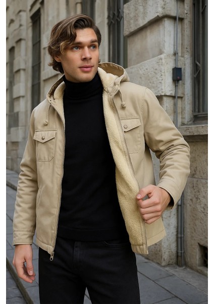 Erkek Içi Kürklü Kapşonlu Kışlık Krem Bol Ceket