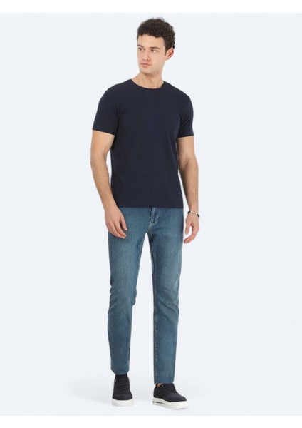 Lacivert Bisiklet Yaka Pamuk Karışımlı T-Shirt