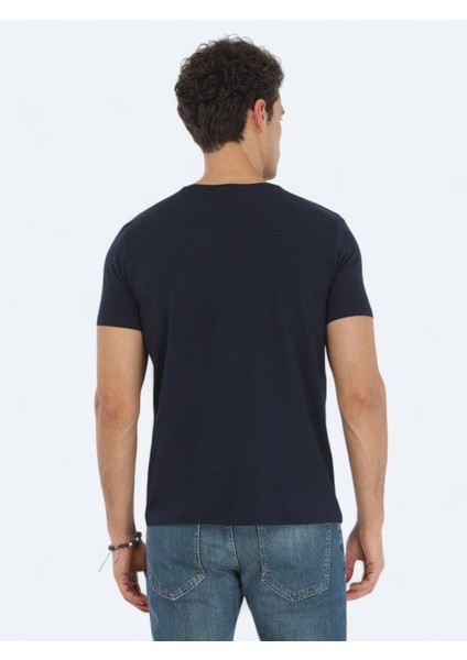 Lacivert Bisiklet Yaka Pamuk Karışımlı T-Shirt