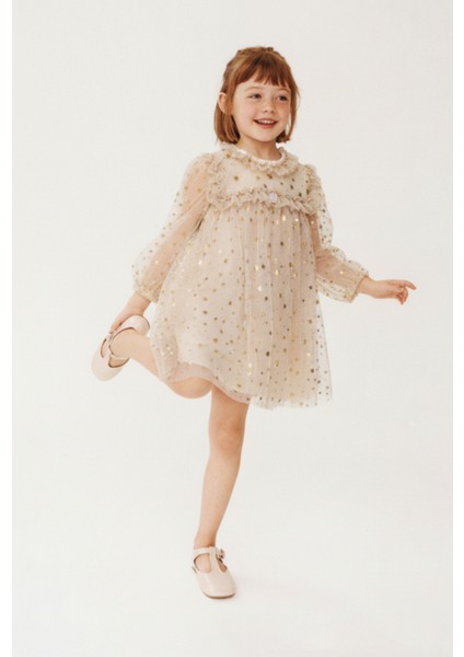 Kız Çocuk Pamuklu Bej Altın Yıldız Desenli Tül Elbise - Özel Gün Davet Elbisesi