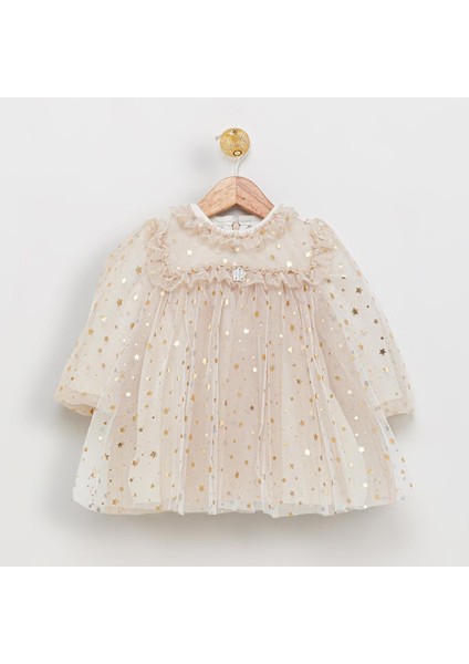 Kız Çocuk Pamuklu Bej Altın Yıldız Desenli Tül Elbise - Özel Gün Davet Elbisesi fiyatları