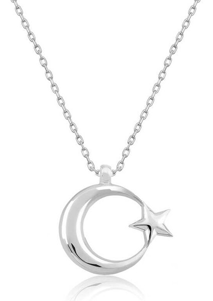 925 Ayar Gümüş Ay Yıldız Bayan Gümüş Kolye T6137 (599599)