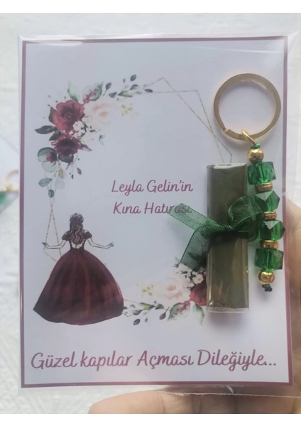 72 Adet Kişiye Özel Kına Hatırası Yeşil Anahtarlık ve Paketlenmiş Kına Dağıtmalık Hediyelik
