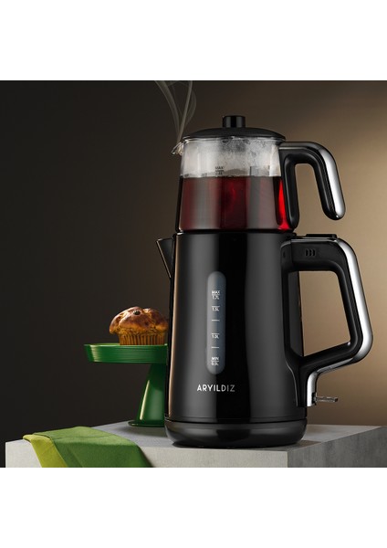 Siyah Krom Çay Makinesi, Şık ve Kolay Kullanımlı Çay Hazırlama Cihazı