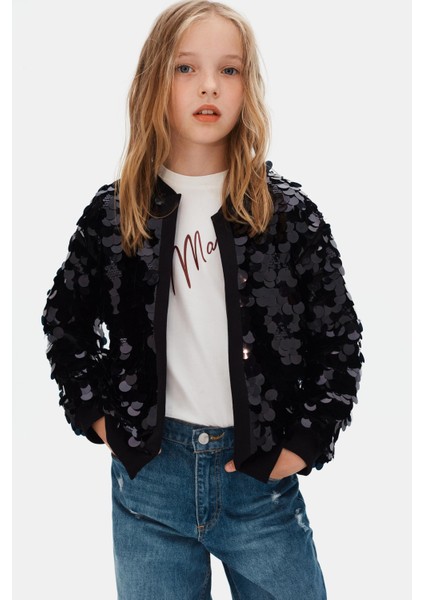 Pullu Kız Ceket - Siyah