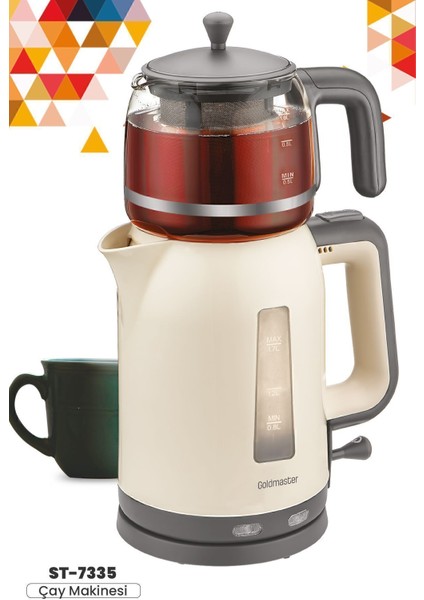 Krem Renkli 2200W Cam Demlikli Çay ve Su Isıtıcı, Şık ve Kullanışlı Tasarım