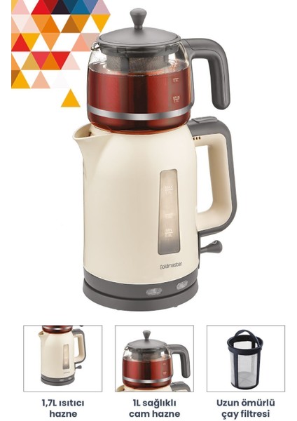 Krem Renkli 2200W Cam Demlikli Çay ve Su Isıtıcı, Şık ve Kullanışlı Tasarım fiyatları
