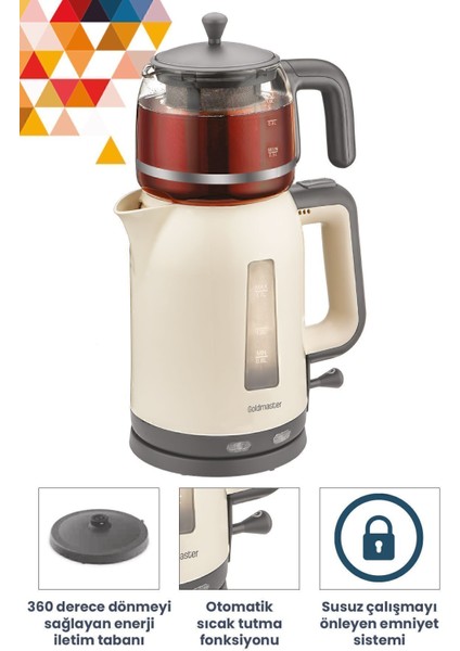 Krem Renkli 2200W Cam Demlikli Çay ve Su Isıtıcı, Şık ve Kullanışlı Tasarım modelleri