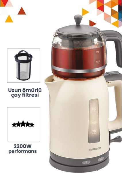 Krem Renkli 2200W Cam Demlikli Çay ve Su Isıtıcı, Şık ve Kullanışlı Tasarım indirimleri