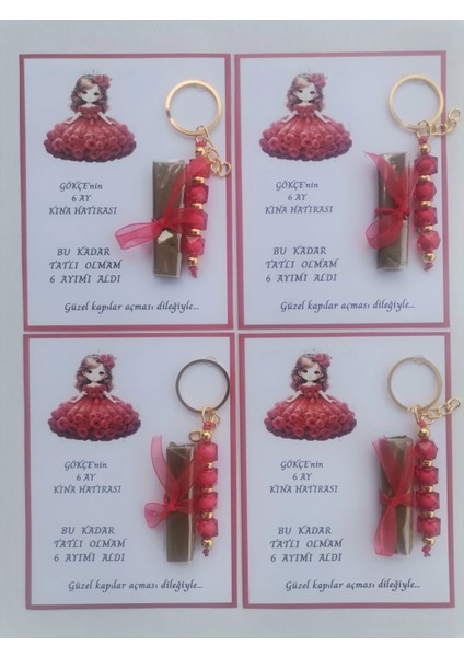 32 Adet Kişiye Özel 6 Ay Kına Hatırası Kırmızı Anahtarlık ve Paketlenmiş Kına Dağıtmalık Hediyelik modelleri