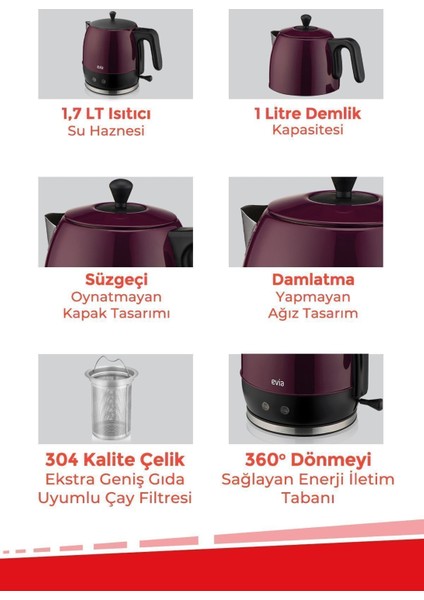 Mor Geniş Kapasiteli 2200W Paslanmaz Çay ve Su Isıtıcısı