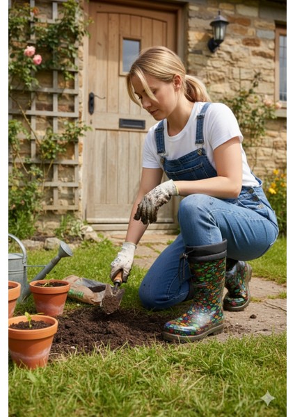Konçlu Peluşlu Kadın Yağmur Çizmesi 36-40 Yeşil Çiçekli