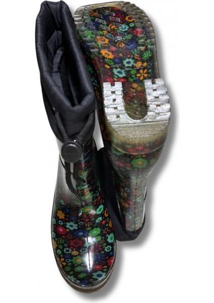 Konçlu Peluşlu Kadın Yağmur Çizmesi 36-40 Yeşil Çiçekli modelleri