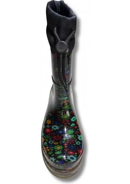 Konçlu Peluşlu Kadın Yağmur Çizmesi 36-40 Yeşil Çiçekli indirimleri