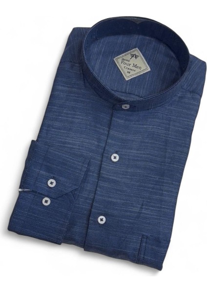 Linen Keten Klasik %100 Cotton Uzun Kollu Terletmeyen Hakim Yaka Mavi Gömlek (Regular Kalıp)