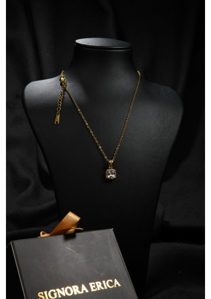 Etrafı Zirkon Ortası Baget Taşlı Kadın Çelik Kolye