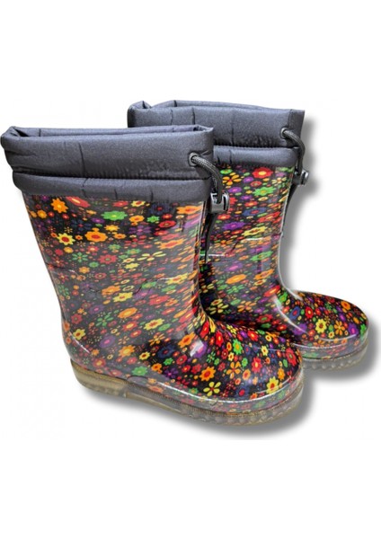 Konçlu Peluşlu Kadın Yağmur Çizmesi 36-40 Sarı Çiçekli modelleri