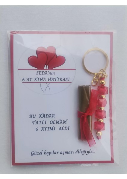 100 Adet Kişiye Özel 6 Ay Kına Hatırası Kırmızı Anahtarlık ve Paketlenmiş Kına Dağıtmalık Hediyelik modelleri
