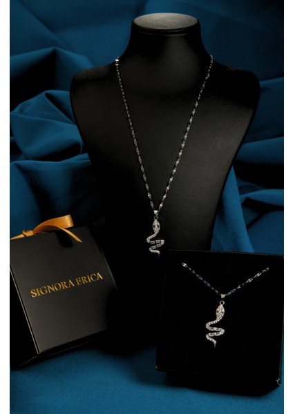 Zirkon ve Baget Taşlı Yılan Figürlü Kadın Çelik Kolye