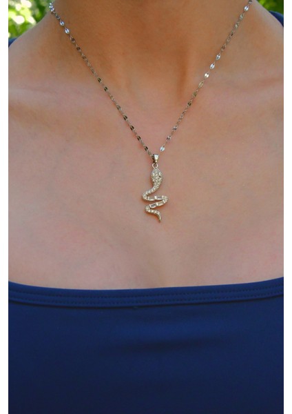 Zirkon ve Baget Taşlı Yılan Figürlü Kadın Çelik Kolye modelleri