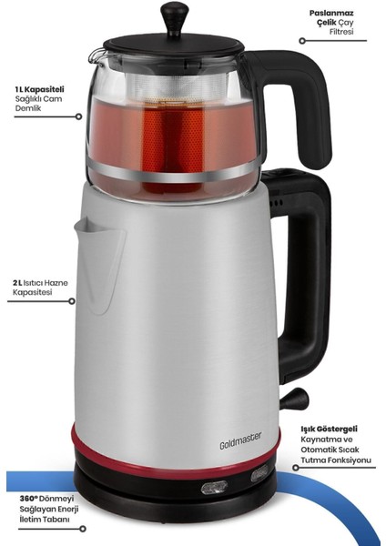 2200W Xl Paslanmaz Çay ve Su Isıtıcı, Cam ve Çelik Tasarım