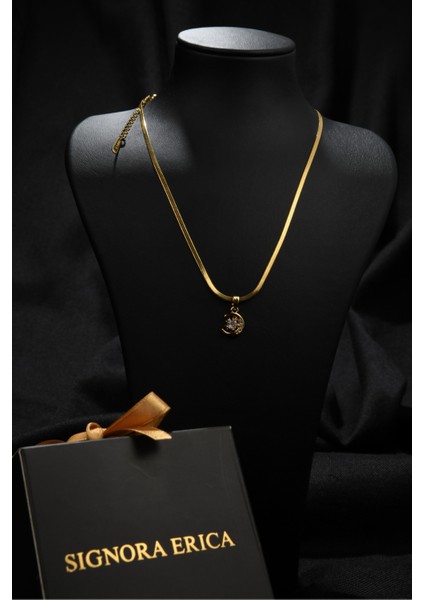 Zirkon Taşlı Ay Yıldız Model Kadın Italyan Ezme Çelik Kolye