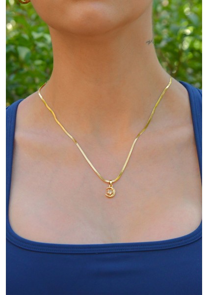 Zirkon Taşlı Ay Yıldız Model Kadın Italyan Ezme Çelik Kolye modelleri