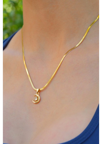 Zirkon Taşlı Ay Yıldız Model Kadın Italyan Ezme Çelik Kolye fırsatları