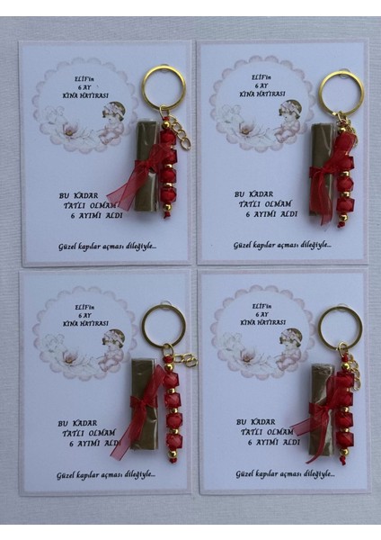 100 Adet Kişiye Özel 6 Ay Kına Hatırası Kırmızı Anahtarlık ve Paketlenmiş Kına Dağıtmalık Hediyelik modelleri