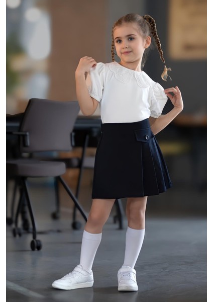 Pileli Şort Etek - Lacivert