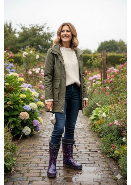 Konçlu Peluşlu Kadın Yağmur Çizmesi 36-40 Mürdüm Çiçekli