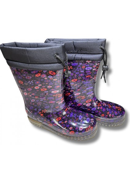 Konçlu Peluşlu Kadın Yağmur Çizmesi 36-40 Mürdüm Çiçekli modelleri