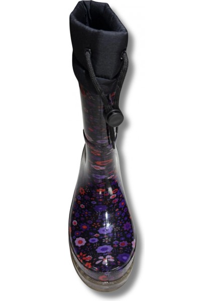 Konçlu Peluşlu Kadın Yağmur Çizmesi 36-40 Mürdüm Çiçekli indirimleri