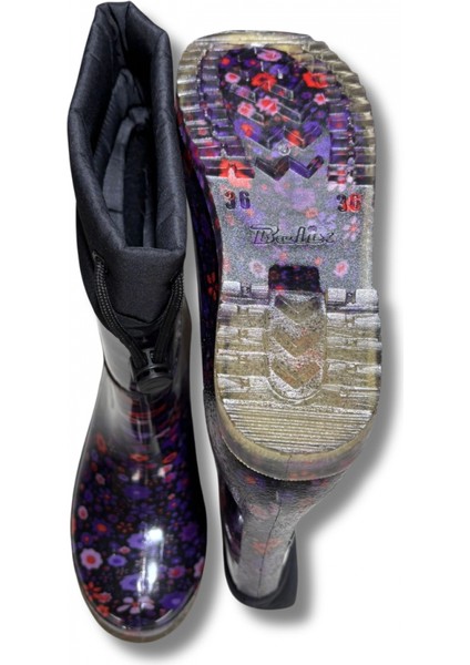 Konçlu Peluşlu Kadın Yağmur Çizmesi 36-40 Mürdüm Çiçekli