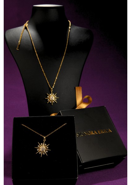 Güneş Figürlü Ortası Zirkon Taşlı Kadın Çelik Kolye