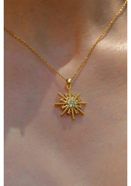 Güneş Figürlü Ortası Zirkon Taşlı Kadın Çelik Kolye modelleri