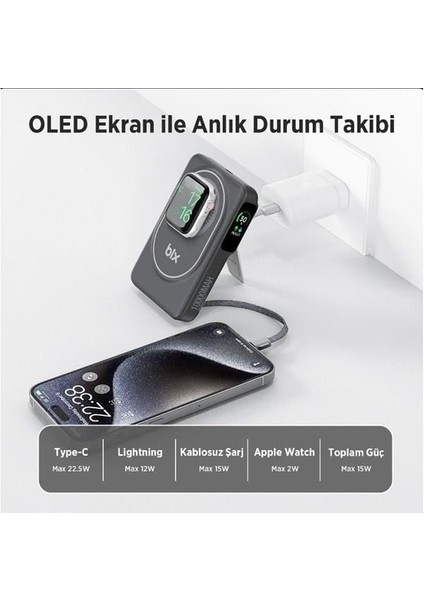 Bix 10000MAH TPB16-BK 6'sı 1 Arada OLED Ekranlı Siyah Kablosuz Powerbank modelleri