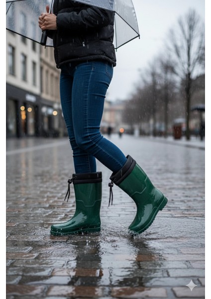 Konçlu Peluşlu Kadın Yağmur Çizmesi 36-40 Koyu Yeşil