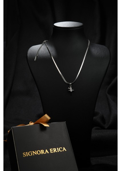 Bir Küçük Bir Büyük Zirkon Taşlı Kutup Yıldızı Model Kadın Italyan Ezme Çelik Kolye