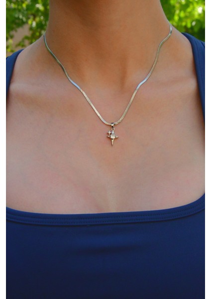 Bir Küçük Bir Büyük Zirkon Taşlı Kutup Yıldızı Model Kadın Italyan Ezme Çelik Kolye modelleri