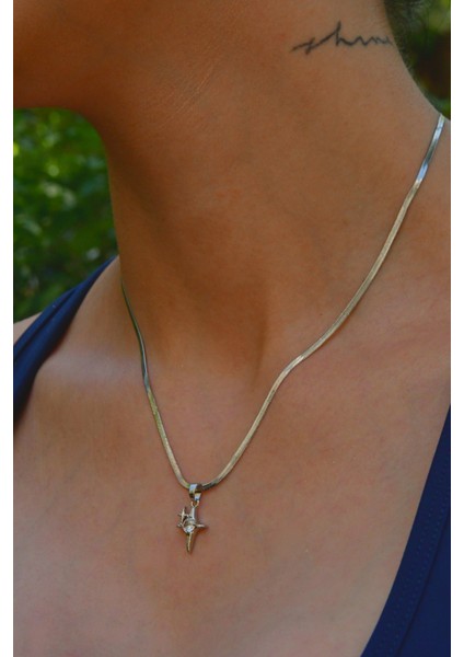 Bir Küçük Bir Büyük Zirkon Taşlı Kutup Yıldızı Model Kadın Italyan Ezme Çelik Kolye fırsatları