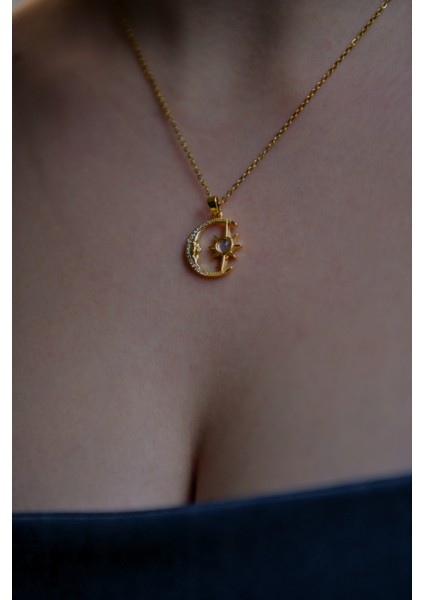 Ay Içinde Kutup Yıldızı Model Kadın Çelik Kolye fırsatları