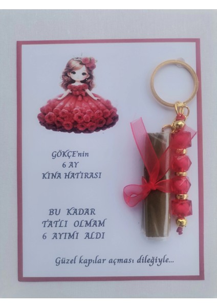 64 Adet Kişiye Özel 6 Ay Kına Hatırası Kırmızı Anahtarlık ve Paketlenmiş Kına Dağıtmalık Hediyelik