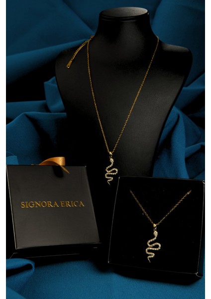 Zirkon Taşlı Yılan Figürlü Kadın Çelik Kolye