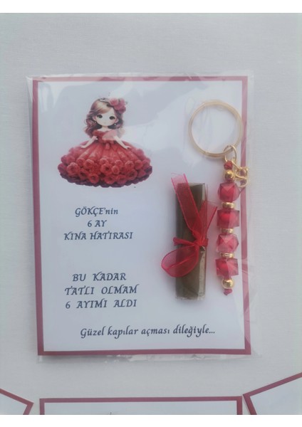 100 Adet Kişiye Özel 6 Ay Kına Hatırası Kırmızı Anahtarlık ve Paketlenmiş Kına Dağıtmalık Hediyelik