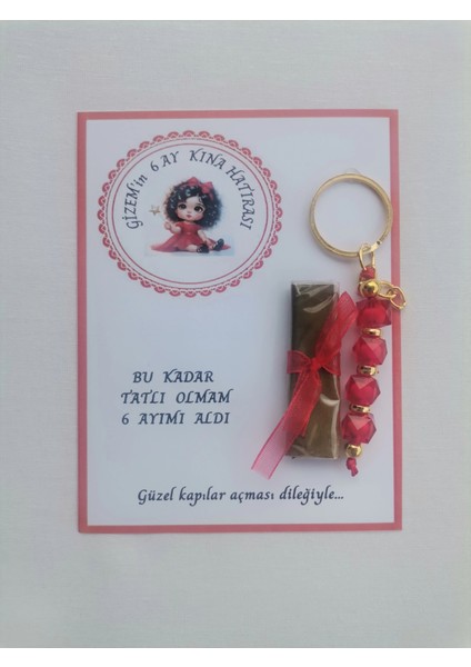 100 Adet Kişiye Özel 6 Ay Kına Hatırası Kırmızı Anahtarlık ve Paketlenmiş Kına Dağıtmalık Hediyelik